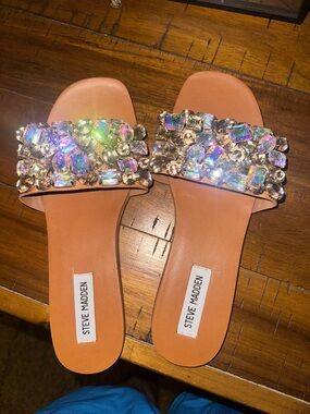 Steve Madden Jeweled Slide Sandals in Tan with Iridescent Crystals